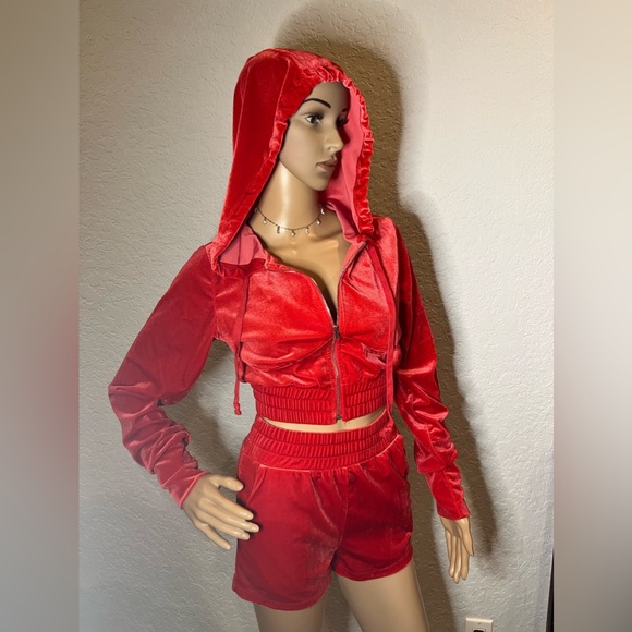Red Velour Two Piece Jacket Short Set - Picture 1 of 5